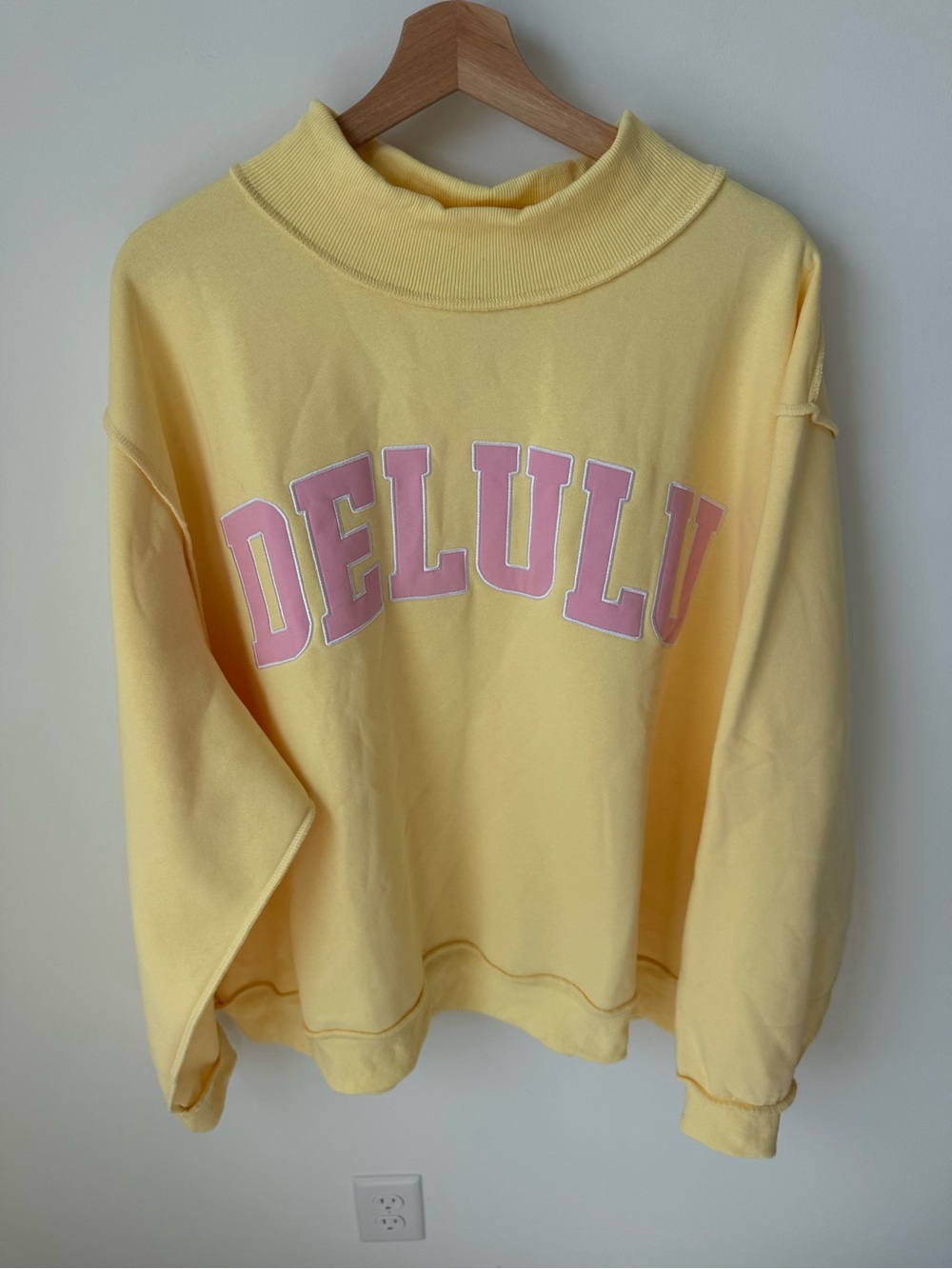 Bucket List Delulu Yellow Mockneck Sweater with Pink Lettering | L/XL